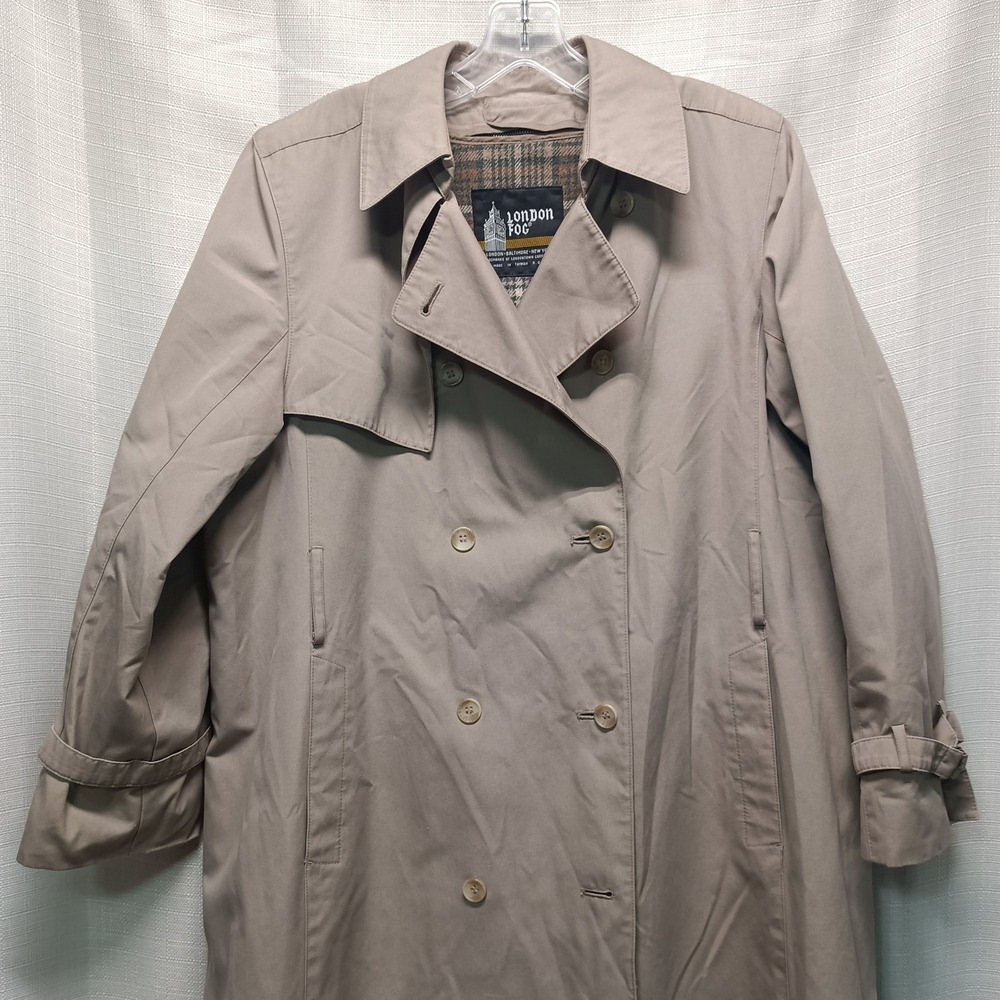 London Fog Women's 14R Beige Trench Coat Plaid Zip Lining‎ No Belt Flawed